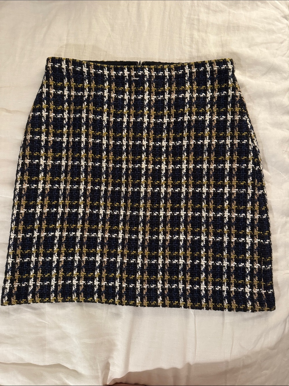Ann Taylor Plaid Tweed Mini Skirt in Navy, White & Tan